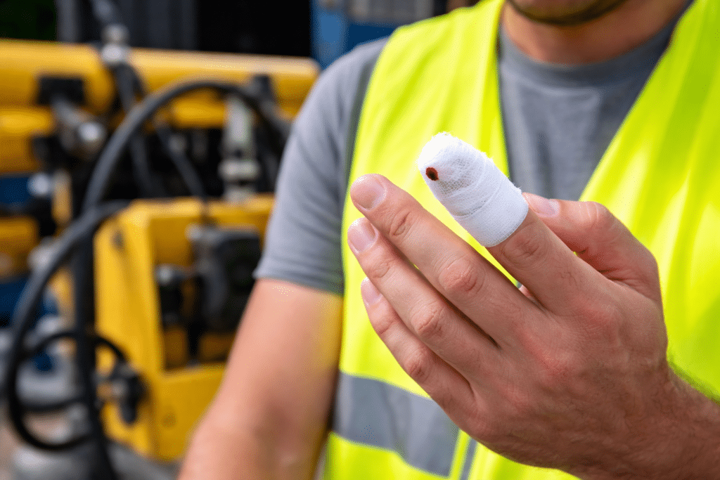 Zbliżenie dłoni pracownika w kamizelce odblaskowej; zabandażowany palec wskazujący z kroplą krwi, w tle żółty sprzęt przemysłowy.