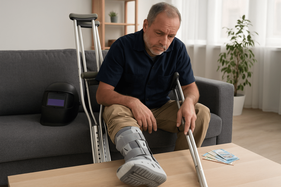 Mężczyzna w średnim wieku z ortezą na prawej nodze siedzi na kanapie; obok oparte kule i kask spawalniczy, na stoliku leżą banknoty euro.