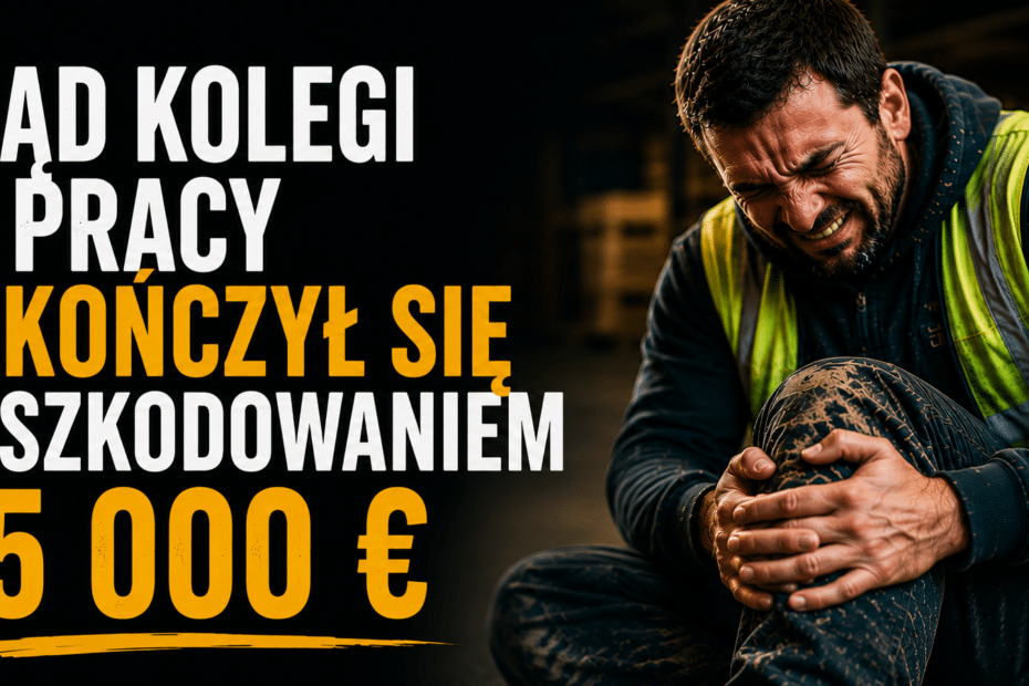 Pracownik siedzi na hali przemysłowej, trzymając się za kontuzjowane kolano po wypadku w pracy. Po lewej stronie znajduje się duży napis po polsku informujący o odszkodowaniu w wysokości 45 000 € za błąd kolegi w pracy. Ciemne przemysłowe tło i żółte akcenty tworzą dramatyczny klimat.
