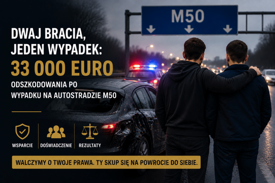 Dwaj bracia stoją przy uszkodzonym samochodzie na autostradzie M50 po wypadku drogowym. Jeden z nich obejmuje drugiego ramieniem, podczas gdy w tle widać światła służb ratunkowych i ruch na mokrej jezdni. Po lewej stronie znajduje się duży napis informujący o uzyskaniu 33 000 euro odszkodowania po wypadku na autostradzie M50. Ciemna, filmowa sceneria podkreśla powagę zdarzenia i wsparcie, jakie otrzymali poszkodowani.