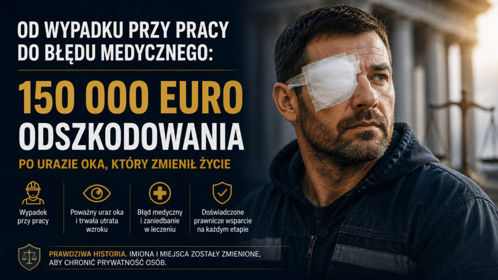 Mężczyzna z opatrunkiem na oku stoi na pierwszym planie po poważnym urazie oka doznanym podczas pracy. Po lewej stronie znajduje się nagłówek: „Od wypadku przy pracy do błędu medycznego: 150 000 euro odszkodowania”. Grafika ilustruje historię dotyczącą wypadku przy pracy, błędu medycznego oraz trwałej utraty wzroku, przedstawioną w formie studium przypadku.