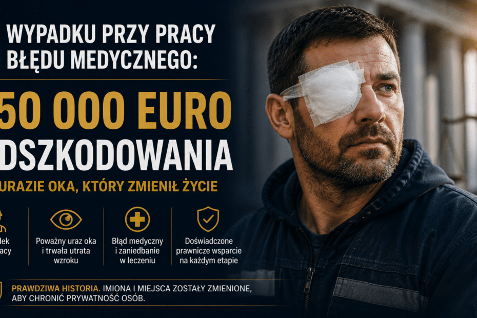 Mężczyzna z opatrunkiem na oku stoi na pierwszym planie po poważnym urazie oka doznanym podczas pracy. Po lewej stronie znajduje się nagłówek: „Od wypadku przy pracy do błędu medycznego: 150 000 euro odszkodowania”. Grafika ilustruje historię dotyczącą wypadku przy pracy, błędu medycznego oraz trwałej utraty wzroku, przedstawioną w formie studium przypadku.