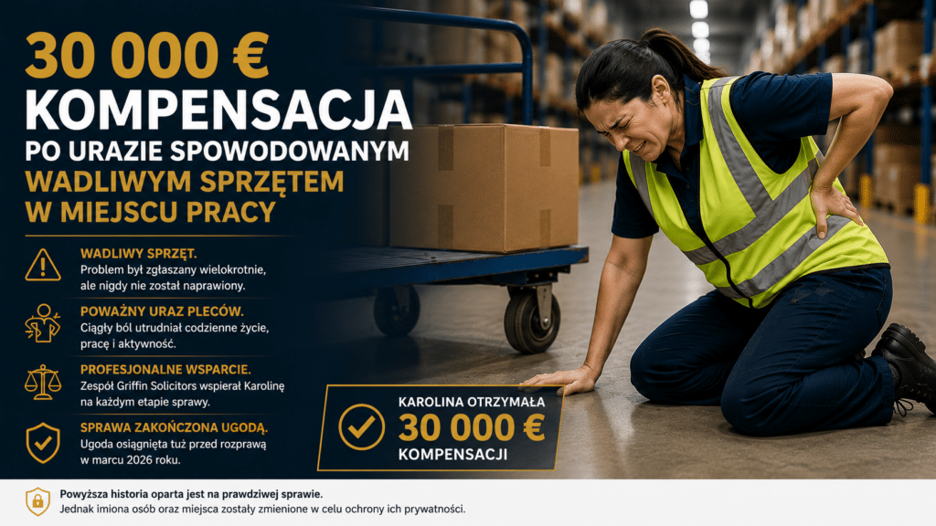 Pracownica magazynu doznaje urazu pleców podczas pracy z wadliwym sprzętem. Grafika przedstawia historię uzyskania 30 000 € odszkodowania za wypadek przy pracy spowodowany uszkodzonym wyposażeniem.