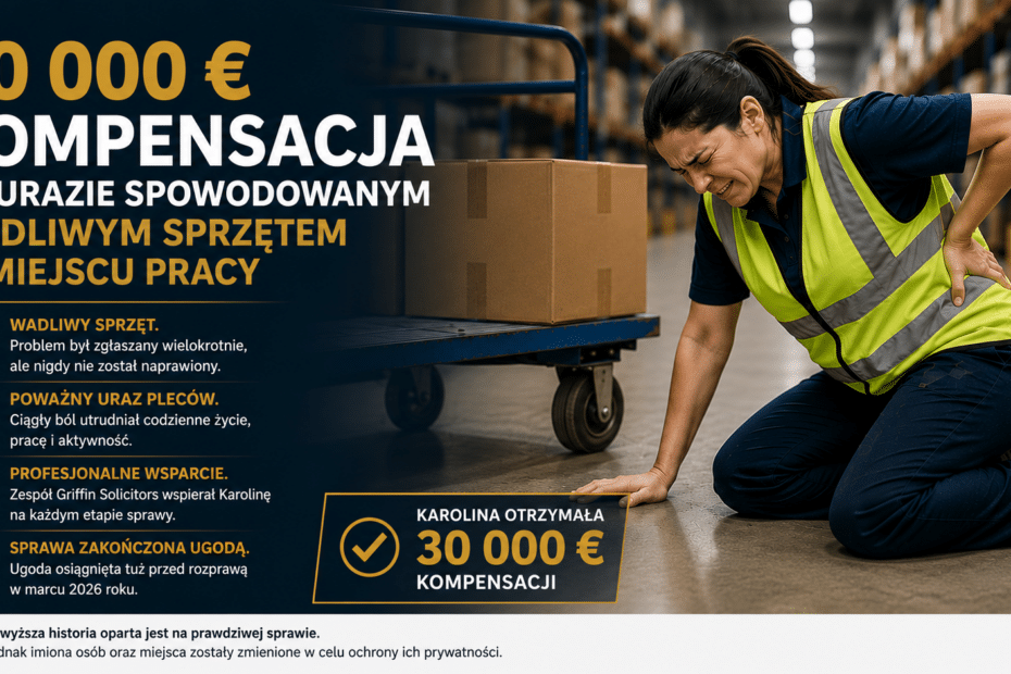 Pracownica magazynu doznaje urazu pleców podczas pracy z wadliwym sprzętem. Grafika przedstawia historię uzyskania 30 000 € odszkodowania za wypadek przy pracy spowodowany uszkodzonym wyposażeniem.