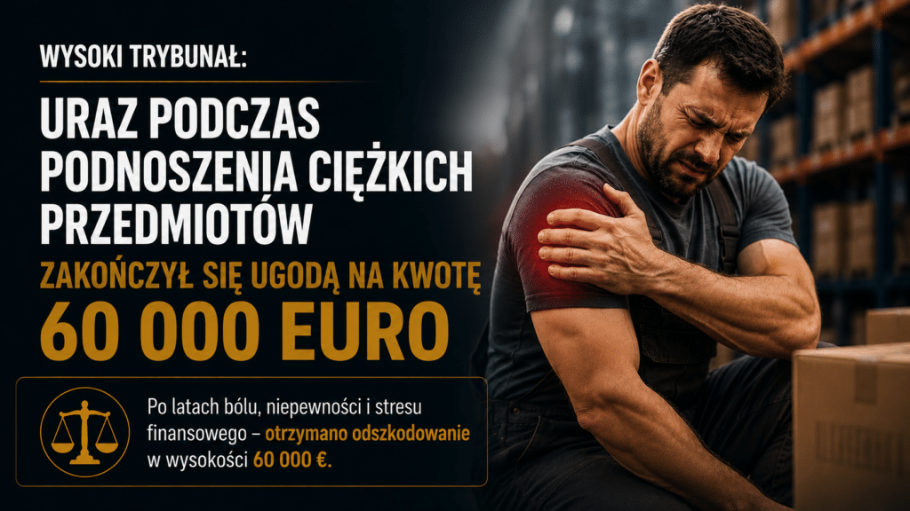 Mężczyzna siedzi w magazynie, trzymając się za bolący bark po urazie doznanym podczas podnoszenia ciężkich przedmiotów w pracy. Po lewej stronie znajduje się tytuł informujący o ugodzie na kwotę 60 000 euro zawartej przed Wysokim Trybunałem. Grafika przedstawia studium przypadku dotyczące urazu barku, długotrwałego leczenia oraz uzyskanego odszkodowania.