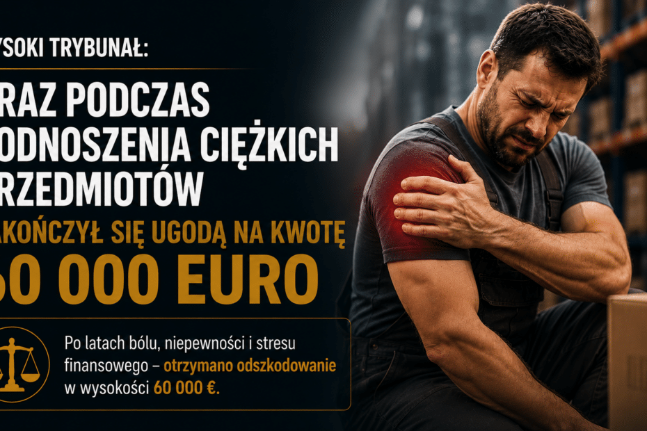 Mężczyzna siedzi w magazynie, trzymając się za bolący bark po urazie doznanym podczas podnoszenia ciężkich przedmiotów w pracy. Po lewej stronie znajduje się tytuł informujący o ugodzie na kwotę 60 000 euro zawartej przed Wysokim Trybunałem. Grafika przedstawia studium przypadku dotyczące urazu barku, długotrwałego leczenia oraz uzyskanego odszkodowania.