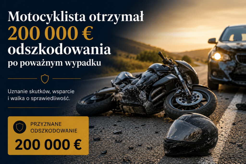 Wypadek motocyklisty na drodze – uszkodzony motocykl i kask po zderzeniu, sprawa zakończona odszkodowaniem w wysokości 200 000 €.