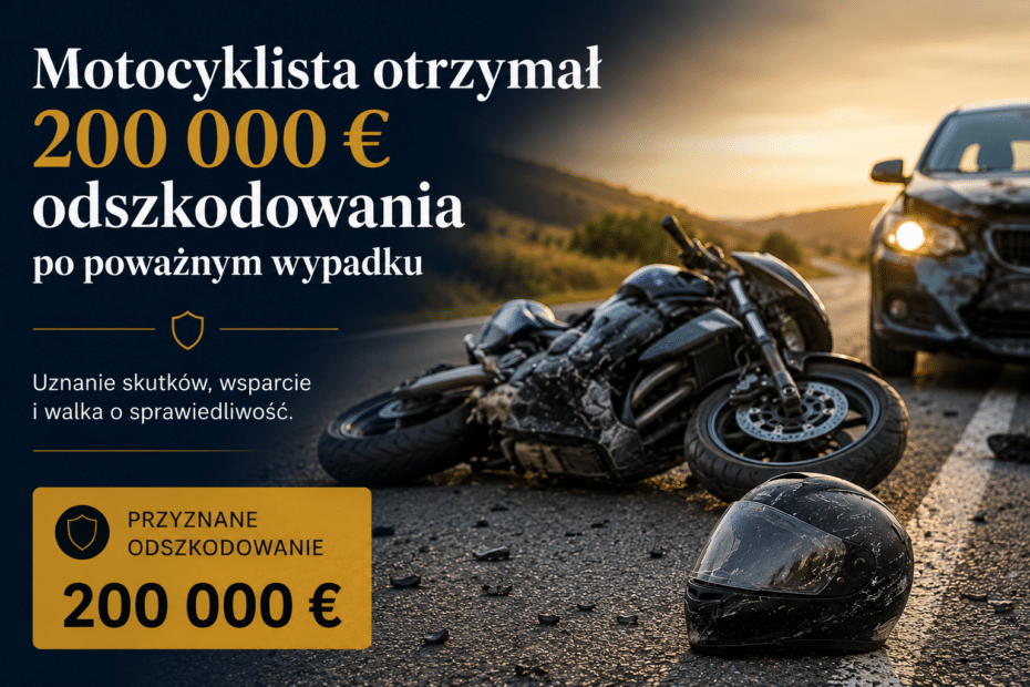 Wypadek motocyklisty na drodze – uszkodzony motocykl i kask po zderzeniu, sprawa zakończona odszkodowaniem w wysokości 200 000 €.