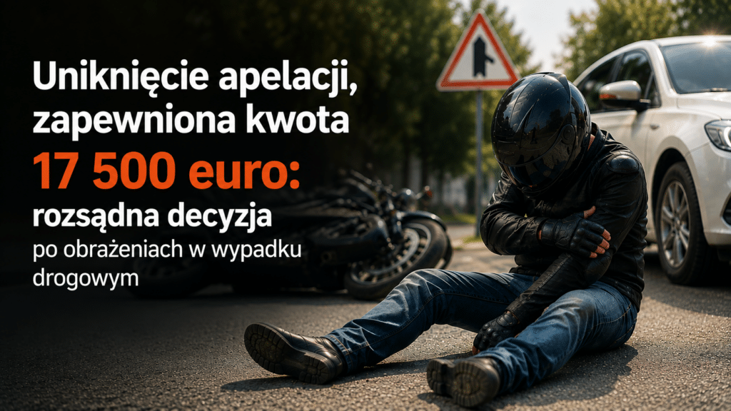 Motocyklista po wypadku drogowym. Sprawa zakończona ugodą na 17 500 € po uniknięciu dalszego postępowania apelacyjnego.