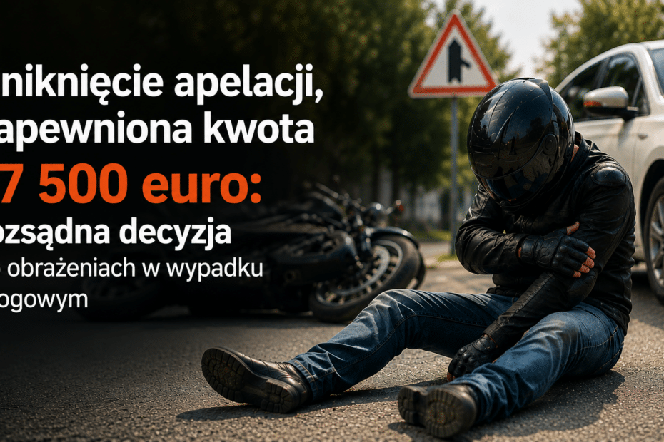 Motocyklista po wypadku drogowym. Sprawa zakończona ugodą na 17 500 € po uniknięciu dalszego postępowania apelacyjnego.