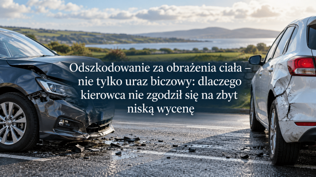 Wypadek samochodowy na drodze w Irlandii – dwa uszkodzone auta po kolizji, grafika do artykułu o odszkodowaniu za obrażenia ciała i urazie biczowym.