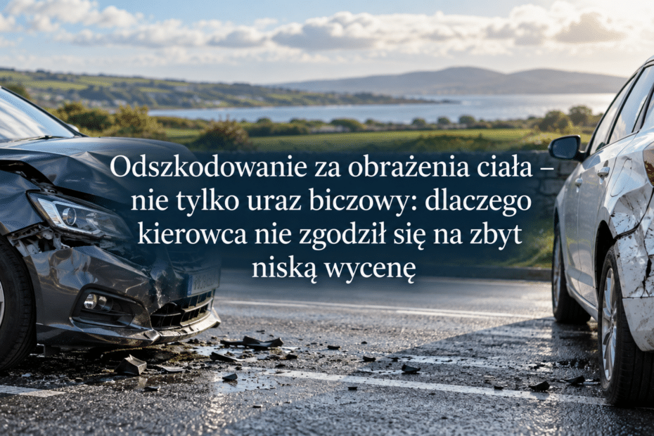 Wypadek samochodowy na drodze w Irlandii – dwa uszkodzone auta po kolizji, grafika do artykułu o odszkodowaniu za obrażenia ciała i urazie biczowym.